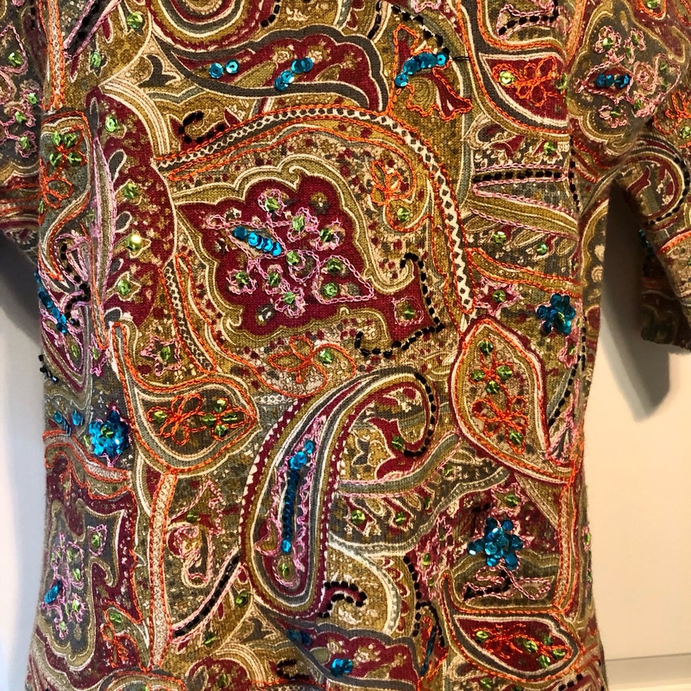 Vintage Cache Knit Top Embellished with Sequins. Colors of Olive/Plum/Org/Turq. - Picture 3 of 10